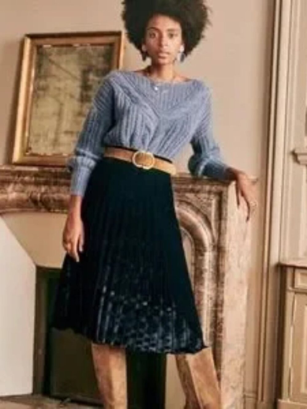 Sezane women 42 dino navy blue velvet pleated midi a-line skirt preppy regency‎